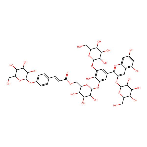 2D Structure of [(2R,3S,4S,5R,6S)-6-[5-[5,7-dihydroxy-3-[(2S,3R,4S,5S,6R)-3,4,5-trihydroxy-6-(hydroxymethyl)oxan-2-yl]oxychromenylium-2-yl]-2-hydroxy-3-[(2S,3S,4S,5S,6R)-3,4,5-trihydroxy-6-(hydroxymethyl)oxan-2-yl]oxyphenoxy]-3,4,5-trihydroxyoxan-2-yl]methyl (E)-3-[4-[(2S,3R,4S,5S,6R)-3,4,5-trihydroxy-6-(hydroxymethyl)oxan-2-yl]oxyphenyl]prop-2-enoate