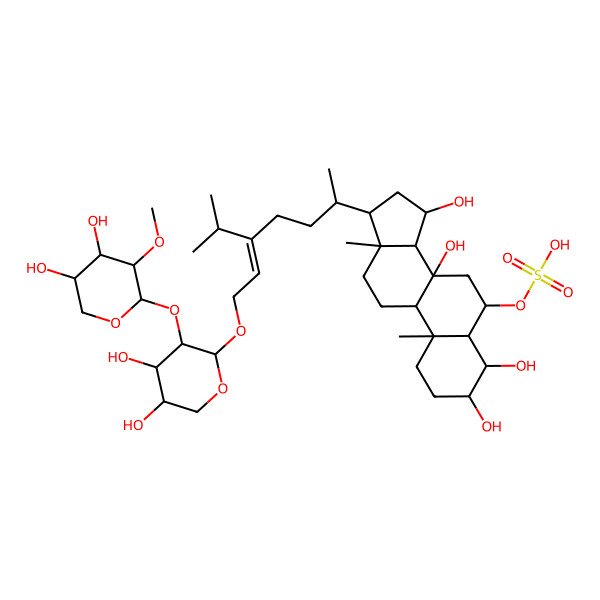 2D Structure of [(3S,4R,5R,6S,8S,9R,10S,13R,14S,15R,17R)-17-[(E,2R)-7-[(2R,3R,4S,5R)-3-[(2S,3R,4S,5R)-4,5-dihydroxy-3-methoxyoxan-2-yl]oxy-4,5-dihydroxyoxan-2-yl]oxy-5-propan-2-ylhept-5-en-2-yl]-3,4,8,15-tetrahydroxy-10,13-dimethyl-1,2,3,4,5,6,7,9,11,12,14,15,16,17-tetradecahydrocyclopenta[a]phenanthren-6-yl] hydrogen sulfate