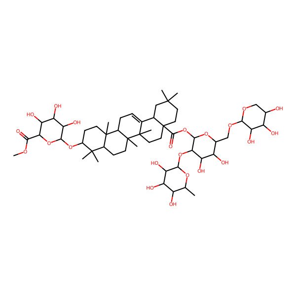 2D Structure of Methyl 6-[[8a-[4,5-dihydroxy-3-(3,4,5-trihydroxy-6-methyloxan-2-yl)oxy-6-[(3,4,5-trihydroxyoxan-2-yl)oxymethyl]oxan-2-yl]oxycarbonyl-4,4,6a,6b,11,11,14b-heptamethyl-1,2,3,4a,5,6,7,8,9,10,12,12a,14,14a-tetradecahydropicen-3-yl]oxy]-3,4,5-trihydroxyoxane-2-carboxylate