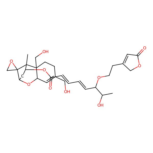 2D Structure of [2,5-bis(hydroxymethyl)-1-methylspiro[8-oxatricyclo[7.2.1.02,7]dodec-5-ene-12,2'-oxirane]-11-yl] 7-hydroxy-6-[2-(5-oxo-2H-furan-3-yl)ethoxy]octa-2,4-dienoate