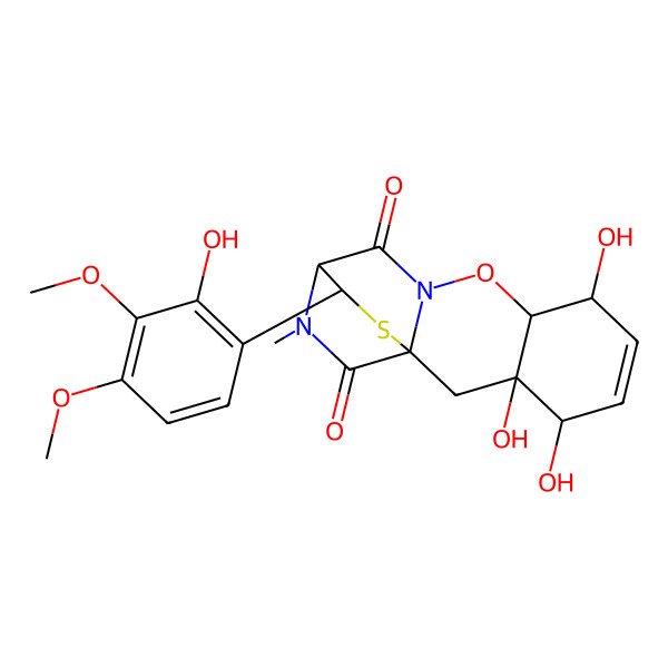 2D Structure of 3,4,7-Trihydroxy-16-(2-hydroxy-3,4-dimethoxyphenyl)-13-methyl-9-oxa-15-thia-10,13-diazatetracyclo[10.2.2.01,10.03,8]hexadec-5-ene-11,14-dione