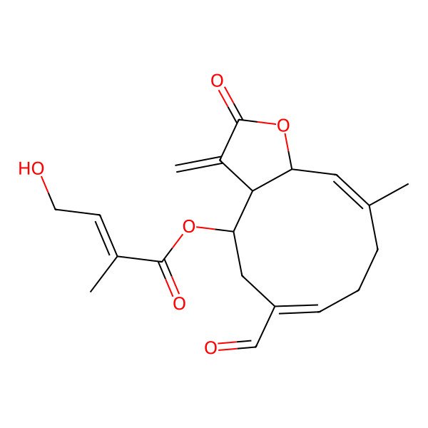 2D Structure of (6-Formyl-10-methyl-3-methylidene-2-oxo-3a,4,5,8,9,11a-hexahydrocyclodeca[b]furan-4-yl) 4-hydroxy-2-methylbut-2-enoate