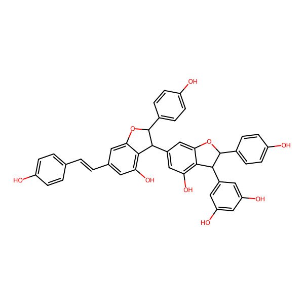 2D Structure of 5-[(2R,3R)-4-hydroxy-6-[(2S,3R)-4-hydroxy-2-(4-hydroxyphenyl)-6-[(E)-2-(4-hydroxyphenyl)ethenyl]-2,3-dihydro-1-benzofuran-3-yl]-2-(4-hydroxyphenyl)-2,3-dihydro-1-benzofuran-3-yl]benzene-1,3-diol