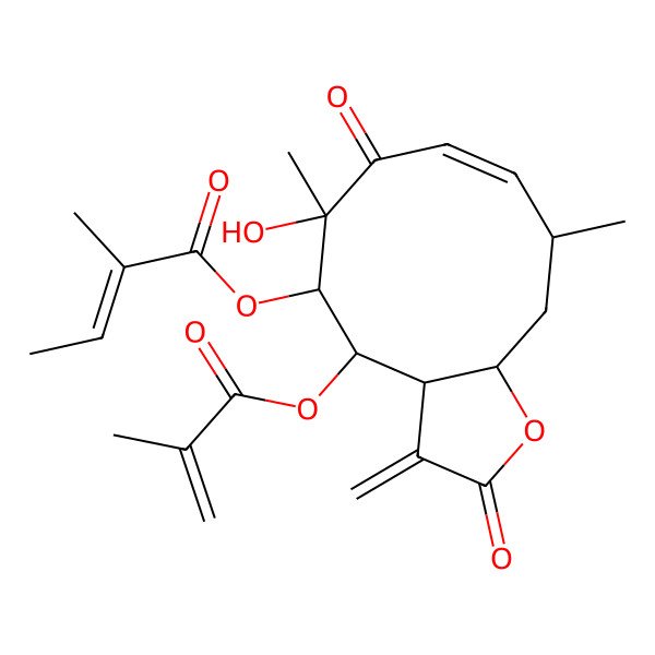 2D Structure of [(3aR,4S,5R,6R,8Z,10S,11aR)-6-hydroxy-6,10-dimethyl-3-methylidene-4-(2-methylprop-2-enoyloxy)-2,7-dioxo-3a,4,5,10,11,11a-hexahydrocyclodeca[b]furan-5-yl] (Z)-2-methylbut-2-enoate