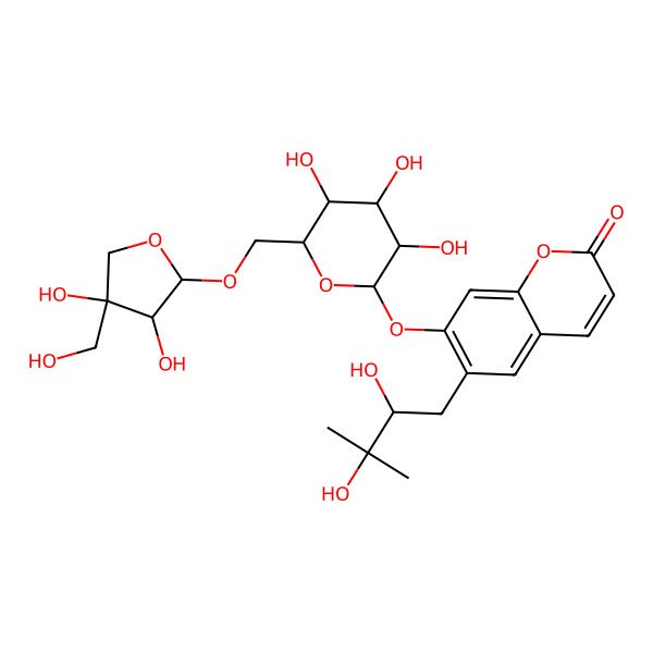 2D Structure of 7-[(2S,3R,4S,5S,6R)-6-[[(2R,3R,4S)-3,4-dihydroxy-4-(hydroxymethyl)oxolan-2-yl]oxymethyl]-3,4,5-trihydroxyoxan-2-yl]oxy-6-[(2S)-2,3-dihydroxy-3-methylbutyl]chromen-2-one