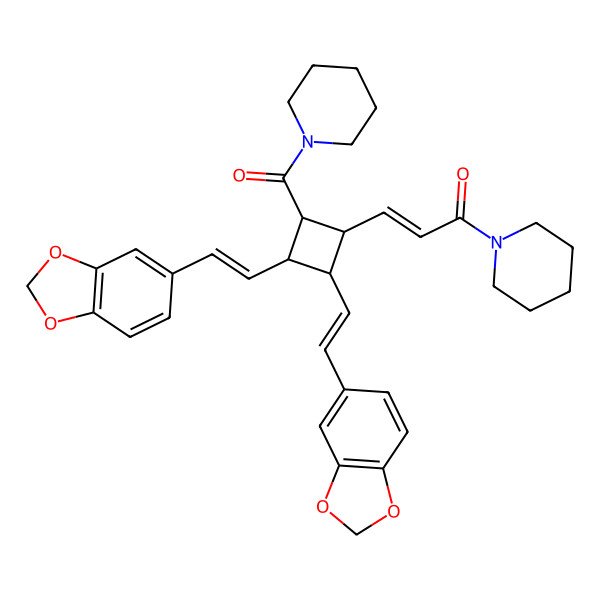 2D Structure of 3-[2,3-Bis[2-(1,3-benzodioxol-5-yl)ethenyl]-4-(piperidine-1-carbonyl)cyclobutyl]-1-piperidin-1-ylprop-2-en-1-one