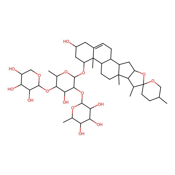 2D Structure of (2S,4S,5R)-2-[(2R,4S,5R,6S)-4-hydroxy-2-[(1S,2S,4S,5'R,6R,8R,9S,12S,13R,14S,16R)-16-hydroxy-5',7,9,13-tetramethylspiro[5-oxapentacyclo[10.8.0.02,9.04,8.013,18]icos-18-ene-6,2'-oxane]-14-yl]oxy-6-methyl-5-[(2S,4S,5R)-3,4,5-trihydroxyoxan-2-yl]oxyoxan-3-yl]oxy-6-methyloxane-3,4,5-triol