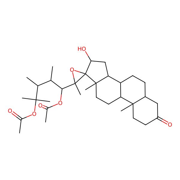 2D Structure of [(1R,2S,3S)-4-acetyloxy-1-[(2'S,5S,8R,9S,10S,13S,14S,16S,17R)-16-hydroxy-2',10,13-trimethyl-3-oxospiro[2,4,5,6,7,8,9,11,12,14,15,16-dodecahydro-1H-cyclopenta[a]phenanthrene-17,3'-oxirane]-2'-yl]-2,3,4-trimethylpentyl] acetate