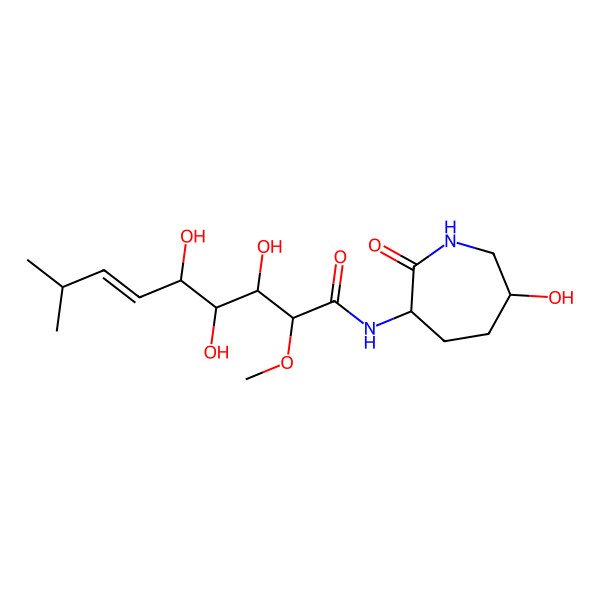 2D Structure of (E,2R,3R,4S,5R)-3,4,5-trihydroxy-N-[(3S,6S)-6-hydroxy-2-oxo-azepan-3-yl]-2-methoxy-8-methyl-non-6-enamide