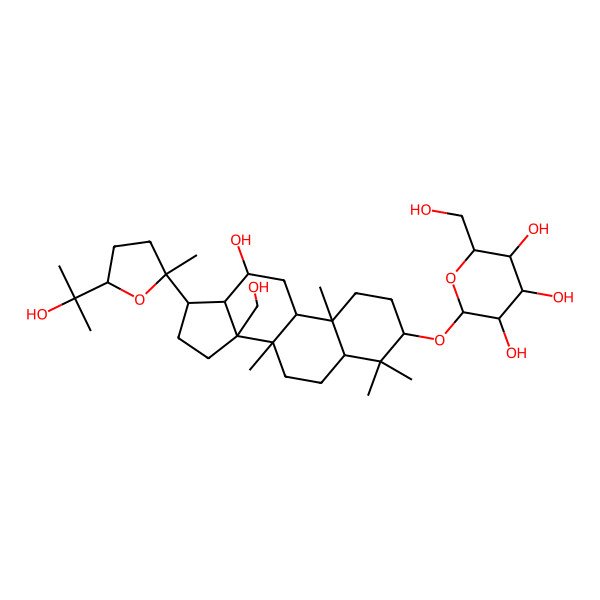 2D Structure of (2S,3R,4S,5S,6R)-2-[[(3S,5R,8R,9R,10R,12R,13R,14S,17S)-12-hydroxy-14-(hydroxymethyl)-17-[(2S,5S)-5-(2-hydroxypropan-2-yl)-2-methyloxolan-2-yl]-4,4,8,10-tetramethyl-2,3,5,6,7,9,11,12,13,15,16,17-dodecahydro-1H-cyclopenta[a]phenanthren-3-yl]oxy]-6-(hydroxymethyl)oxane-3,4,5-triol
