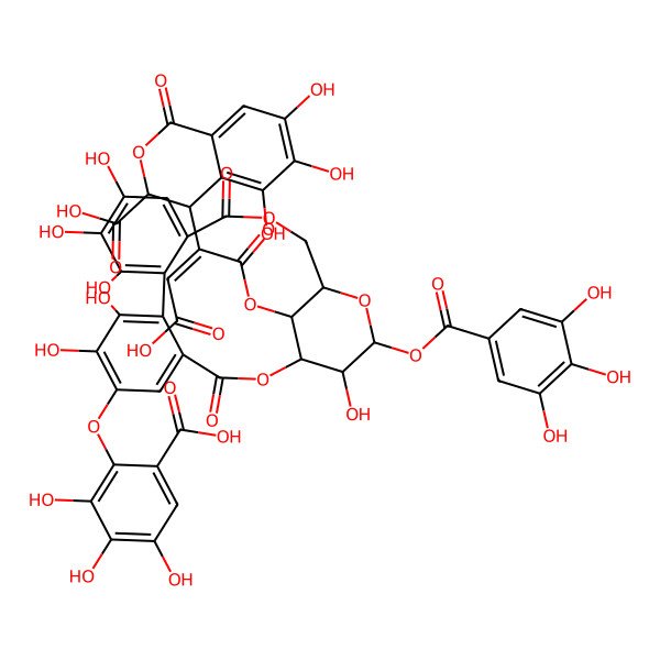 2D Structure of (3S,4S)-4-[(Z)-1-carboxy-3-[[(1R,19R,21S,22R,23R)-6-(6-carboxy-2,3,4-trihydroxyphenoxy)-7,8,11,12,13,22-hexahydroxy-3,16-dioxo-21-(3,4,5-trihydroxybenzoyl)oxy-2,17,20-trioxatetracyclo[17.3.1.04,9.010,15]tricosa-4,6,8,10,12,14-hexaen-23-yl]oxy]-3-oxoprop-1-en-2-yl]-5,6,7-trihydroxy-1-oxo-3,4-dihydroisochromene-3-carboxylic acid