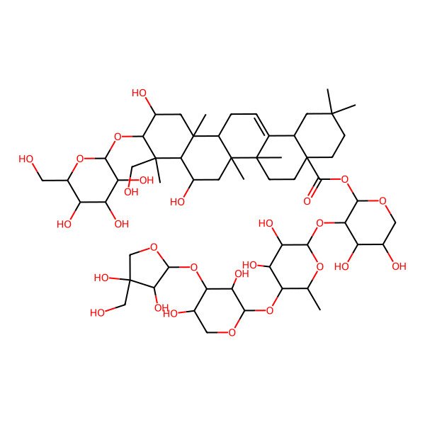 2D Structure of [3-[5-[4-[3,4-Dihydroxy-4-(hydroxymethyl)oxolan-2-yl]oxy-3,5-dihydroxyoxan-2-yl]oxy-3,4-dihydroxy-6-methyloxan-2-yl]oxy-4,5-dihydroxyoxan-2-yl] 8,11-dihydroxy-9-(hydroxymethyl)-2,2,6a,6b,9,12a-hexamethyl-10-[3,4,5-trihydroxy-6-(hydroxymethyl)oxan-2-yl]oxy-1,3,4,5,6,6a,7,8,8a,10,11,12,13,14b-tetradecahydropicene-4a-carboxylate