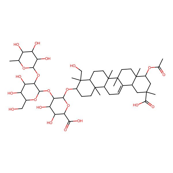 2D Structure of (2S,3S,4S,5R,6R)-6-[[(3S,4S,4aR,6aR,6bS,8aR,9R,11R,12aS,14aR,14bR)-9-acetyloxy-11-carboxy-4-(hydroxymethyl)-4,6a,6b,8a,11,14b-hexamethyl-1,2,3,4a,5,6,7,8,9,10,12,12a,14,14a-tetradecahydropicen-3-yl]oxy]-5-[(2S,3R,4S,5R,6R)-4,5-dihydroxy-6-(hydroxymethyl)-3-[(2S,3R,4R,5R,6S)-3,4,5-trihydroxy-6-methyloxan-2-yl]oxyoxan-2-yl]oxy-3,4-dihydroxyoxane-2-carboxylic acid