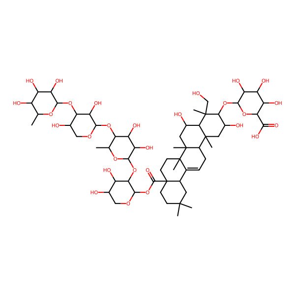 2D Structure of 6-[[8a-[3-[5-[3,5-Dihydroxy-4-(3,4,5-trihydroxy-6-methyloxan-2-yl)oxyoxan-2-yl]oxy-3,4-dihydroxy-6-methyloxan-2-yl]oxy-4,5-dihydroxyoxan-2-yl]oxycarbonyl-2,5-dihydroxy-4-(hydroxymethyl)-4,6a,6b,11,11,14b-hexamethyl-1,2,3,4a,5,6,7,8,9,10,12,12a,14,14a-tetradecahydropicen-3-yl]oxy]-3,4,5-trihydroxyoxane-2-carboxylic acid
