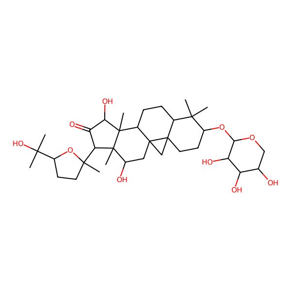 2D Structure of (1R,3R,6S,8R,11R,12S,13R,15S,16R,17S)-13,17-dihydroxy-15-[(2S,5R)-5-(2-hydroxypropan-2-yl)-2-methyloxolan-2-yl]-7,7,12,16-tetramethyl-6-[(2S,3R,4S,5R)-3,4,5-trihydroxyoxan-2-yl]oxypentacyclo[9.7.0.01,3.03,8.012,16]octadecan-14-one