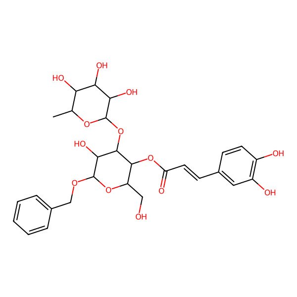2D Structure of [5-Hydroxy-2-(hydroxymethyl)-6-phenylmethoxy-4-(3,4,5-trihydroxy-6-methyloxan-2-yl)oxyoxan-3-yl] 3-(3,4-dihydroxyphenyl)prop-2-enoate