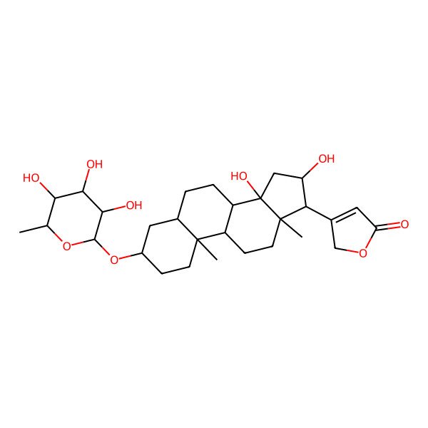 2D Structure of 3-[(3S,5R,8R,9S,10S,13R,14S,16S,17S)-14,16-dihydroxy-10,13-dimethyl-3-[(2R,3R,4R,5R,6S)-3,4,5-trihydroxy-6-methyloxan-2-yl]oxy-1,2,3,4,5,6,7,8,9,11,12,15,16,17-tetradecahydrocyclopenta[a]phenanthren-17-yl]-2H-furan-5-one