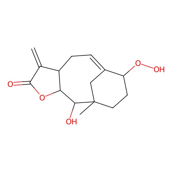 2D Structure of (1R,2R,3S,7R,11S)-11-hydroperoxy-2-hydroxy-1-methyl-6-methylidene-4-oxatricyclo[8.3.1.03,7]tetradec-9-en-5-one