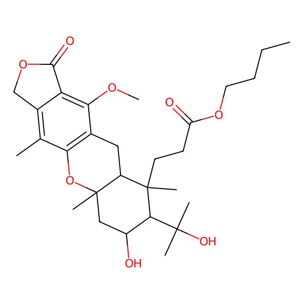 2D Structure of Butyl 3-[7-hydroxy-8-(2-hydroxypropan-2-yl)-11-methoxy-4,5a,9-trimethyl-1-oxo-3,6,7,8,9a,10-hexahydro-[2]benzofuro[5,6-b]chromen-9-yl]propanoate