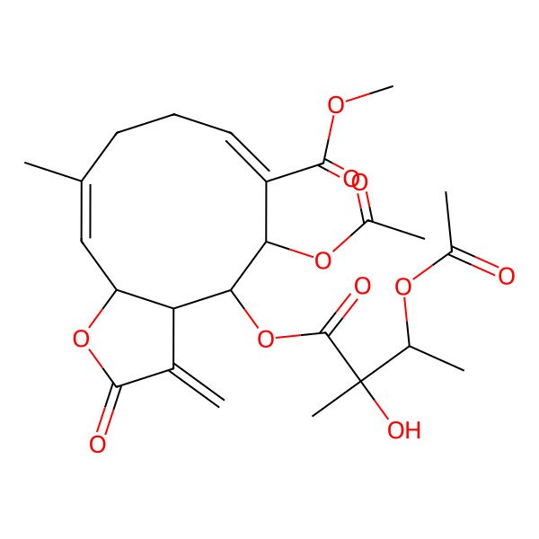 2D Structure of methyl (3aR,4R,5S,6Z,10Z,11aR)-5-acetyloxy-4-[(2R,3R)-3-acetyloxy-2-hydroxy-2-methylbutanoyl]oxy-10-methyl-3-methylidene-2-oxo-3a,4,5,8,9,11a-hexahydrocyclodeca[b]furan-6-carboxylate