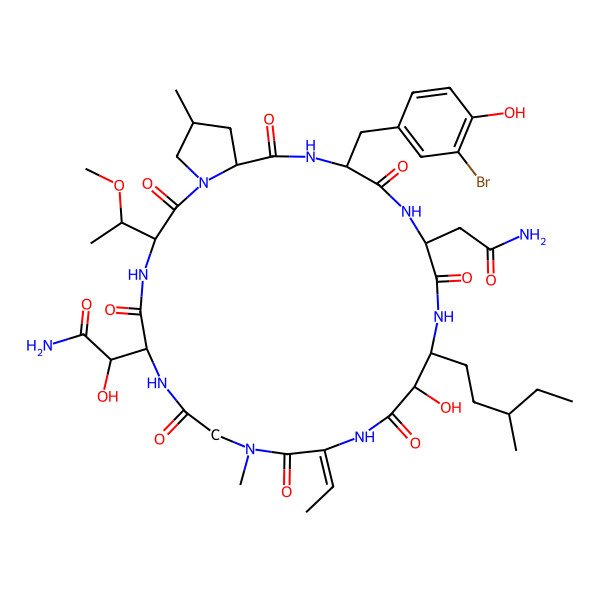 2D Structure of 2-[(12Z)-19-(2-amino-2-oxoethyl)-22-[(3-bromo-4-hydroxyphenyl)methyl]-12-ethylidene-15-hydroxy-3-(1-methoxyethyl)-10,27-dimethyl-16-(3-methylpentyl)-2,5,8,11,14,18,21,24-octaoxo-1,4,7,10,13,17,20,23-octazabicyclo[23.3.0]octacosan-6-yl]-2-hydroxyacetamide