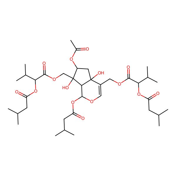 2D Structure of [(1S,4aR,6S,7S,7aS)-6-acetyloxy-4a,7-dihydroxy-1-(3-methylbutanoyloxy)-7-[[(2R)-3-methyl-2-(3-methylbutanoyloxy)butanoyl]oxymethyl]-1,5,6,7a-tetrahydrocyclopenta[c]pyran-4-yl]methyl (2R)-3-methyl-2-(3-methylbutanoyloxy)butanoate