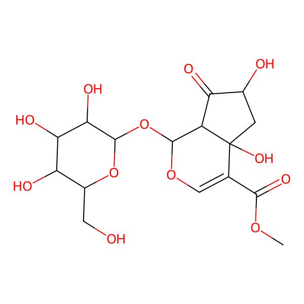 2D Structure of methyl (1S,4aR,6S,7aR)-4a,6-dihydroxy-7-oxo-1-[(2R,3S,4S,5S,6R)-3,4,5-trihydroxy-6-(hydroxymethyl)oxan-2-yl]oxy-1,5,6,7a-tetrahydrocyclopenta[c]pyran-4-carboxylate