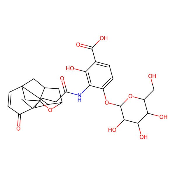2D Structure of 3-[3-(5,9-Dimethyl-4-oxo-8-oxatetracyclo[7.2.1.17,10.01,6]tridec-2-en-5-yl)propanoylamino]-2-hydroxy-4-[3,4,5-trihydroxy-6-(hydroxymethyl)oxan-2-yl]oxybenzoic acid