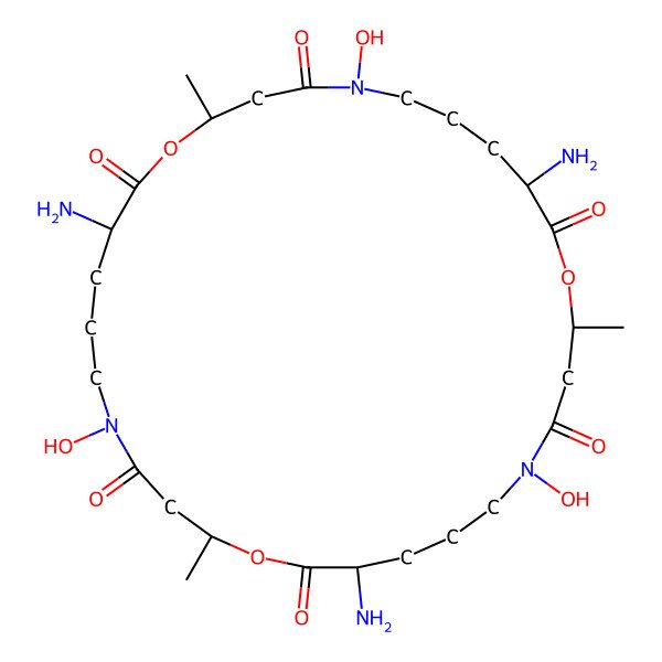 2D Structure of 9,19,29-Triamino-5,15,25-trihydroxy-2,12,22-trimethyl-1,11,21-trioxa-5,15,25-triazacyclotriacontane-4,10,14,20,24,30-hexone
