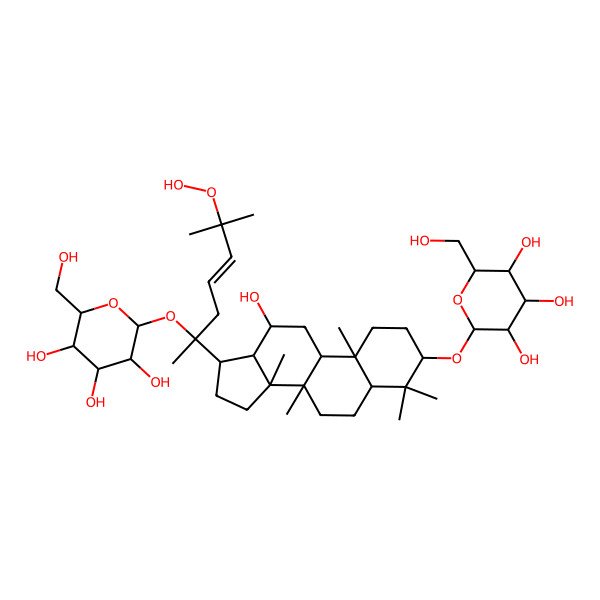 2D Structure of 2-[[17-[6-hydroperoxy-6-methyl-2-[3,4,5-trihydroxy-6-(hydroxymethyl)oxan-2-yl]oxyhept-4-en-2-yl]-12-hydroxy-4,4,8,10,14-pentamethyl-2,3,5,6,7,9,11,12,13,15,16,17-dodecahydro-1H-cyclopenta[a]phenanthren-3-yl]oxy]-6-(hydroxymethyl)oxane-3,4,5-triol