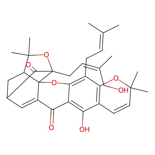 2D Structure of 12-Hydroxy-19-(4-hydroxy-3-methylbut-2-enyl)-8,8,21,21-tetramethyl-5-(3-methylbut-2-enyl)-3,7,20-trioxahexacyclo[15.4.1.02,15.02,19.04,13.06,11]docosa-4(13),5,9,11,15-pentaene-14,18-dione