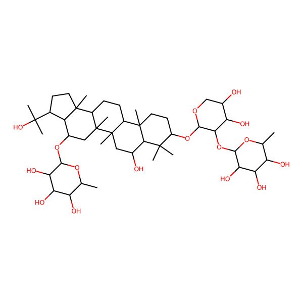 2D Structure of 2-[[9-[4,5-Dihydroxy-3-(3,4,5-trihydroxy-6-methyloxan-2-yl)oxyoxan-2-yl]oxy-7-hydroxy-3-(2-hydroxypropan-2-yl)-5a,5b,8,8,11a,13b-hexamethyl-1,2,3,3a,4,5,6,7,7a,9,10,11,11b,12,13,13a-hexadecahydrocyclopenta[a]chrysen-4-yl]oxy]-6-methyloxane-3,4,5-triol