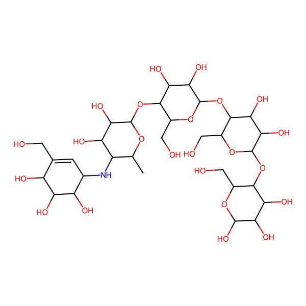 2D Structure of (2S,3R,4R,5S,6R)-5-((2R,3R,4R,5S,6R)-5-((2R,3R,4R,5S,6R)-5-((2R,3R,4S,5S,6R)-3,4-dihydroxy-6-methyl-5-(((1S,4R,5S,6S)-4,5,6-trihydroxy-3-(hydroxymethyl)cyclohex-2-en-1-yl)amino)oxan-2-yl)oxy-3,4-dihydroxy-6-(hydroxymethyl)oxan-2-yl)oxy-3,4-dihydroxy-6-(hydroxymethyl)oxan-2-yl)oxy-6-(hydroxymethyl)oxane-2,3,4-triol