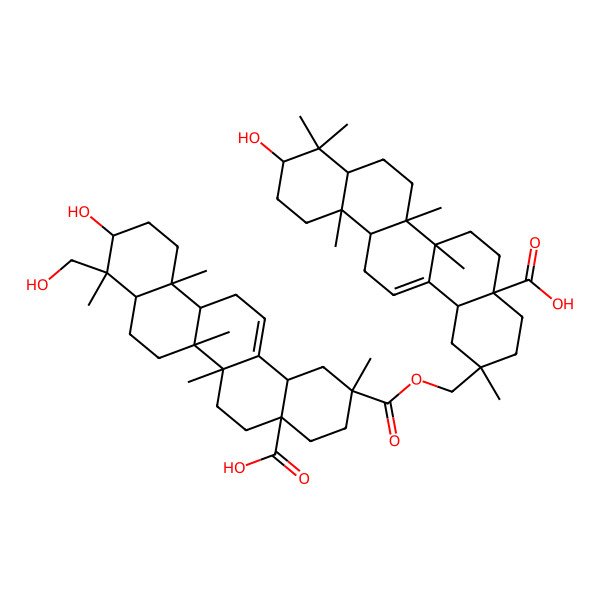 2D Structure of 2-[[4a-Carboxy-10-hydroxy-9-(hydroxymethyl)-2,6a,6b,9,12a-pentamethyl-1,3,4,5,6,6a,7,8,8a,10,11,12,13,14b-tetradecahydropicene-2-carbonyl]oxymethyl]-10-hydroxy-2,6a,6b,9,9,12a-hexamethyl-1,3,4,5,6,6a,7,8,8a,10,11,12,13,14b-tetradecahydropicene-4a-carboxylic acid