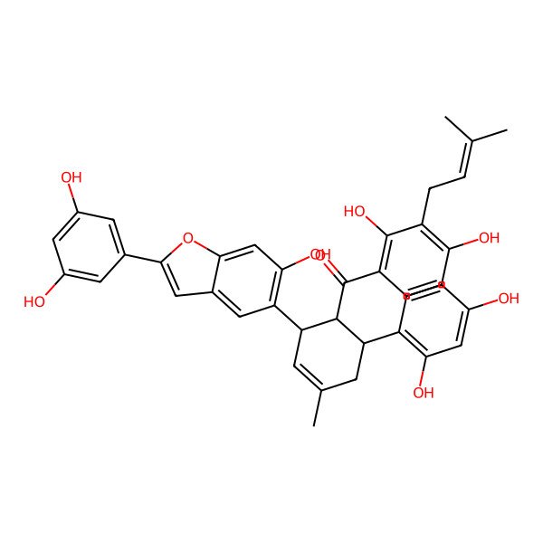 2D Structure of [2,4-Dihydroxy-3-(3-methylbut-2-enyl)phenyl]-[6-(2,4-dihydroxyphenyl)-2-[2-(3,5-dihydroxyphenyl)-6-hydroxy-1-benzofuran-5-yl]-4-methylcyclohex-3-en-1-yl]methanone