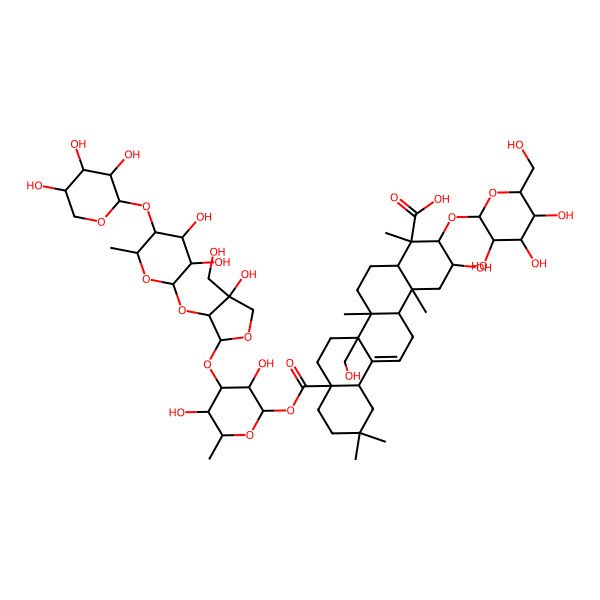 2D Structure of 8a-[4-[3-[3,4-Dihydroxy-6-methyl-5-(3,4,5-trihydroxyoxan-2-yl)oxyoxan-2-yl]oxy-4-hydroxy-4-(hydroxymethyl)oxolan-2-yl]oxy-3,5-dihydroxy-6-methyloxan-2-yl]oxycarbonyl-2-hydroxy-6b-(hydroxymethyl)-4,6a,11,11,14b-pentamethyl-3-[3,4,5-trihydroxy-6-(hydroxymethyl)oxan-2-yl]oxy-1,2,3,4a,5,6,7,8,9,10,12,12a,14,14a-tetradecahydropicene-4-carboxylic acid