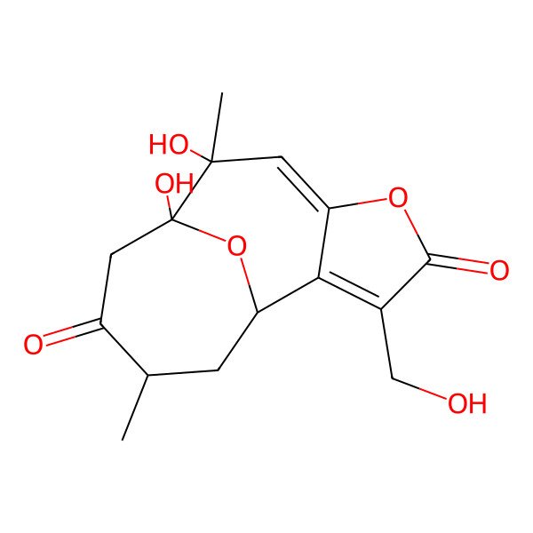 2D Structure of 8,9-Dihydroxy-3-(hydroxymethyl)-8,12-dimethyl-5,14-dioxatricyclo[7.4.1.02,6]tetradeca-2,6-diene-4,11-dione