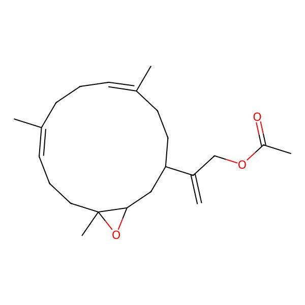 2D Structure of 2-[(1S,3S,6E,10E,14S)-6,10,14-trimethyl-15-oxabicyclo[12.1.0]pentadeca-6,10-dien-3-yl]prop-2-enyl acetate