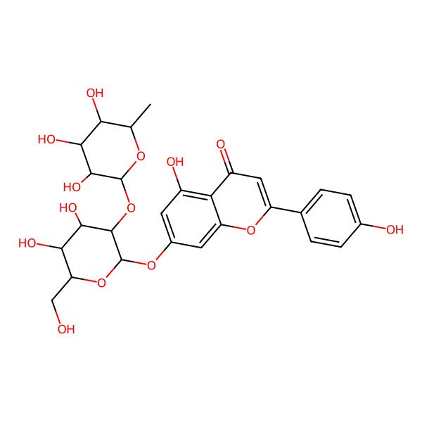 2D Structure of 7-[(2S,3R,4S,5S,6S)-4,5-dihydroxy-6-(hydroxymethyl)-3-[(2S,3R,4S,5R,6S)-3,4,5-trihydroxy-6-methyloxan-2-yl]oxyoxan-2-yl]oxy-5-hydroxy-2-(4-hydroxyphenyl)chromen-4-one