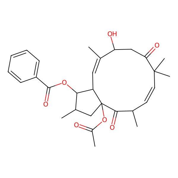 2D Structure of [(1S,2R,3aR,5R,6E,11R,12E,13aS)-3a-acetyloxy-11-hydroxy-2,5,8,8,12-pentamethyl-4,9-dioxo-2,3,5,10,11,13a-hexahydro-1H-cyclopenta[12]annulen-1-yl] benzoate