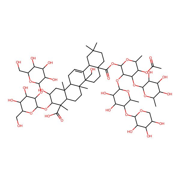 2D Structure of (2S,3R,4S,4aR,6aR,6bR,8aS,12aS,14aR,14bR)-8a-[(2S,3R,4S,5S,6R)-5-acetyloxy-3-[(2S,3R,4S,5R,6S)-3,4-dihydroxy-6-methyl-5-[(2S,3R,4S,5R)-3,4,5-trihydroxyoxan-2-yl]oxyoxan-2-yl]oxy-6-methyl-4-[(2S,3R,4R,5R,6S)-3,4,5-trihydroxy-6-methyloxan-2-yl]oxyoxan-2-yl]oxycarbonyl-3-[(2R,3R,4S,5S,6R)-4,5-dihydroxy-6-(hydroxymethyl)-3-[(2S,3R,4S,5S,6R)-3,4,5-trihydroxy-6-(hydroxymethyl)oxan-2-yl]oxyoxan-2-yl]oxy-2-hydroxy-6b-(hydroxymethyl)-4,6a,11,11,14b-pentamethyl-1,2,3,4a,5,6,7,8,9,10,12,12a,14,14a-tetradecahydropicene-4-carboxylic acid