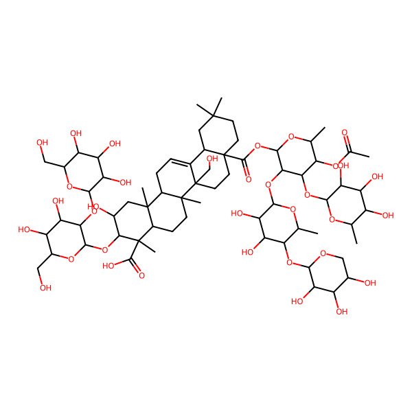 2D Structure of (2S,3R,4S,4aR,6aR,6bR,8aS,12aS,14aR,14bR)-8a-[(2S,3R,4S,5S,6R)-5-acetyloxy-3-[(2S,3R,4S,5R,6S)-3,4-dihydroxy-6-methyl-5-[(2S,3R,4S,5R)-3,4,5-trihydroxyoxan-2-yl]oxyoxan-2-yl]oxy-6-methyl-4-[(2S,3R,4R,5R,6S)-3,4,5-trihydroxy-6-methyloxan-2-yl]oxyoxan-2-yl]oxycarbonyl-3-[(2R,3R,4S,5S,6R)-4,5-dihydroxy-6-(hydroxymethyl)-3-[(2S,3R,4S,5S,6R)-3,4,5-trihydroxy-6-(hydroxymethyl)oxan-2-yl]oxyoxan-2-yl]oxy-2-hydroxy-6b-(hydroxymethyl)-4,6a,11,11,14b-pentamethyl-1,2,3,4a,5,6,7,8,9,10,12,12a,14,14a-tetradecahydropicene-4-carboxylic acid