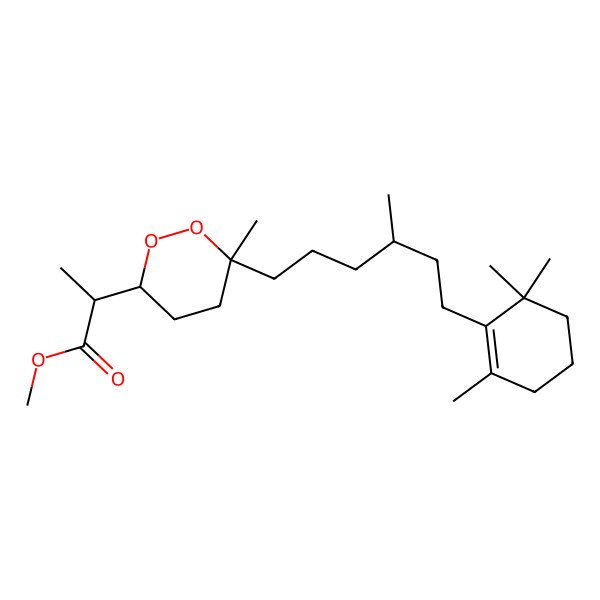 2D Structure of methyl (2S)-2-[(3R,6S)-6-methyl-6-[(4S)-4-methyl-6-(2,6,6-trimethylcyclohexen-1-yl)hexyl]dioxan-3-yl]propanoate