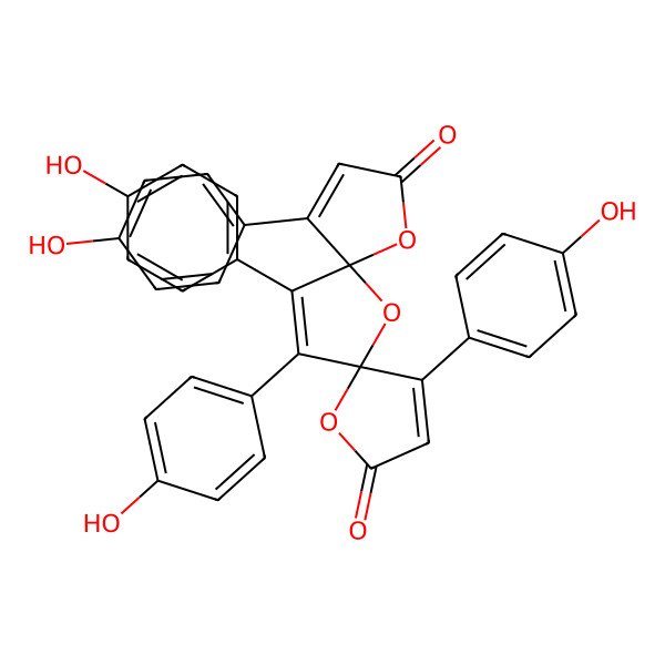 2D Structure of (5S,7S)-1,11,12,13-tetrakis(4-hydroxyphenyl)-4,6,8-trioxadispiro[4.1.47.25]trideca-1,10,12-triene-3,9-dione