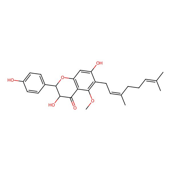 2D Structure of (2R,3R)-6-[(2E)-3,7-dimethylocta-2,6-dienyl]-3,7-dihydroxy-2-(4-hydroxyphenyl)-5-methoxy-2,3-dihydrochromen-4-one