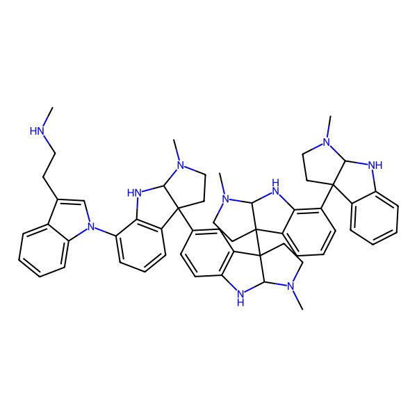 2D Structure of 2-[1-[(3aS,8bR)-8b-[(3aR,8bR)-8b-[(3aS,8bS)-5-[(3aS,8bS)-3-methyl-1,2,3a,4-tetrahydropyrrolo[2,3-b]indol-8b-yl]-3-methyl-1,2,3a,4-tetrahydropyrrolo[2,3-b]indol-8b-yl]-3-methyl-1,2,3a,4-tetrahydropyrrolo[2,3-b]indol-7-yl]-3-methyl-1,2,3a,4-tetrahydropyrrolo[2,3-b]indol-5-yl]indol-3-yl]-N-methylethanamine