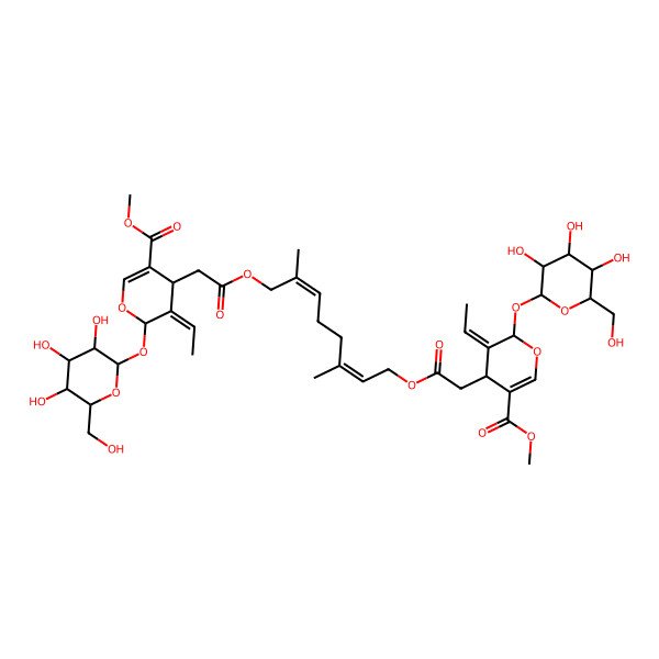 2D Structure of methyl (4S,5E,6S)-5-ethylidene-4-[2-[(2E,6E)-8-[2-[(2S,3E,4S)-3-ethylidene-5-methoxycarbonyl-2-[(2S,3R,4S,5S,6R)-3,4,5-trihydroxy-6-(hydroxymethyl)oxan-2-yl]oxy-4H-pyran-4-yl]acetyl]oxy-3,7-dimethylocta-2,6-dienoxy]-2-oxoethyl]-6-[(2S,3R,4S,5S,6R)-3,4,5-trihydroxy-6-(hydroxymethyl)oxan-2-yl]oxy-4H-pyran-3-carboxylate