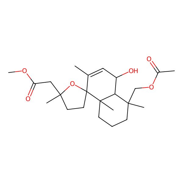 2D Structure of methyl 2-[4-(acetyloxymethyl)-5-hydroxy-2',4,7,8a-tetramethylspiro[2,3,4a,5-tetrahydro-1H-naphthalene-8,5'-oxolane]-2'-yl]acetate