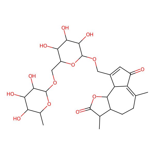 2D Structure of 3,6-Dimethyl-9-[[3,4,5-trihydroxy-6-[(3,4,5-trihydroxy-6-methyloxan-2-yl)oxymethyl]oxan-2-yl]oxymethyl]-3,3a,4,5,9a,9b-hexahydroazuleno[4,5-b]furan-2,7-dione