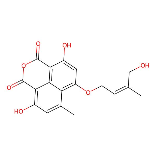 2D Structure of 6,12-dihydroxy-8-[(E)-4-hydroxy-3-methylbut-2-enoxy]-10-methyl-3-oxatricyclo[7.3.1.05,13]trideca-1(12),5(13),6,8,10-pentaene-2,4-dione